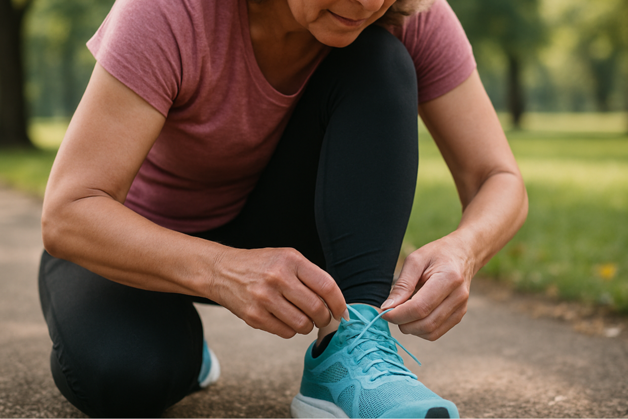 mid 40-50 year old woman tying her shoe for a run/workout in a park. close up shot tying shoe